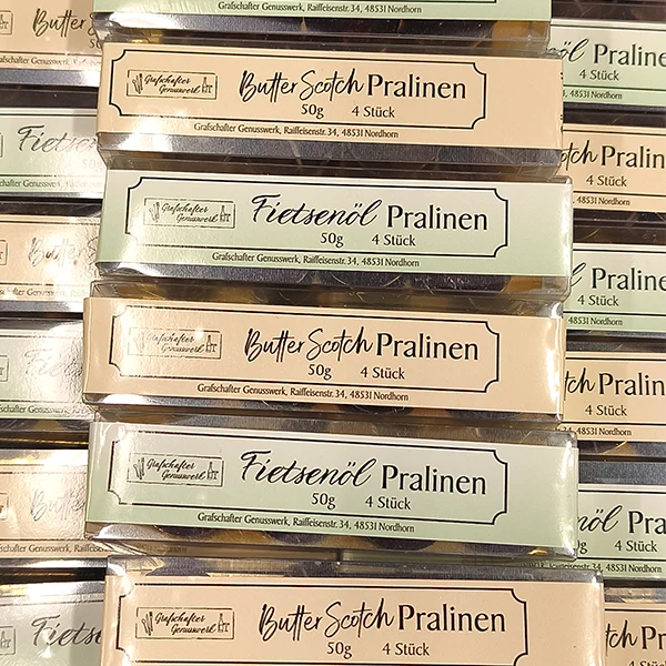Schachtel Fietsenöl Pralinen von Grafschafter Genusswerk